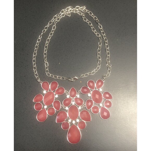 Pink Floral Leaf Rhinestone Chandelier Runway Statement  Jewelry Necklace - Picture 2 of 4